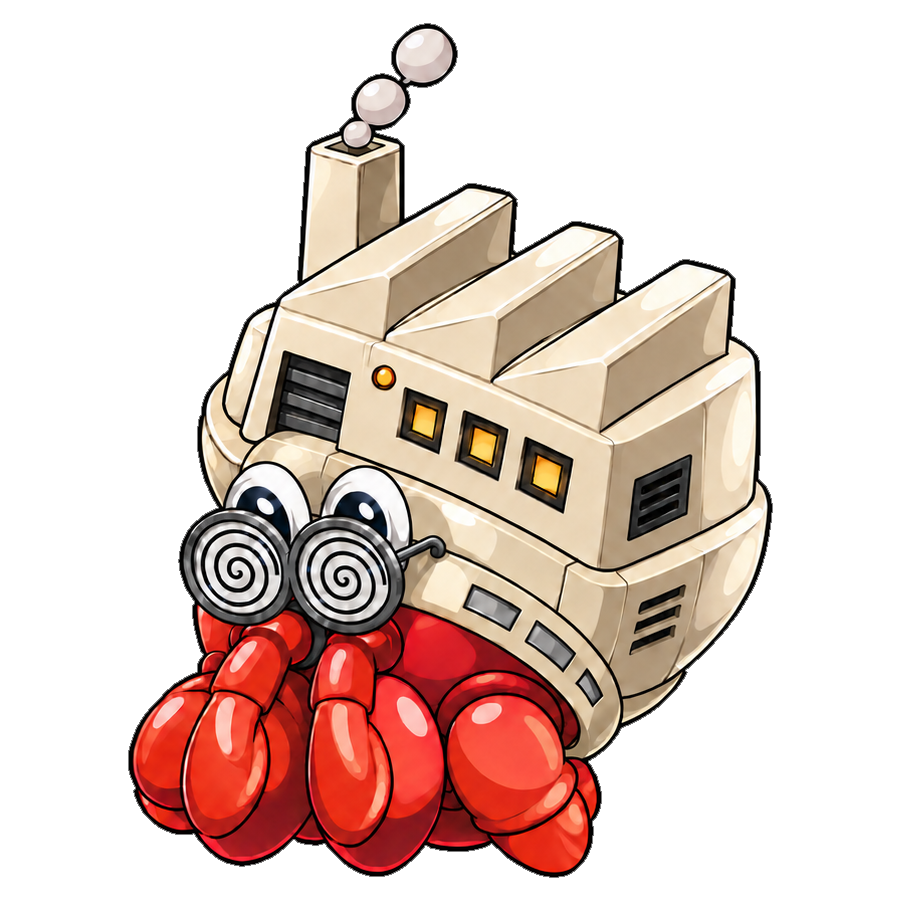 Pagurai, a red hermit crab carrying a smoking factory shell, on a transparent background.